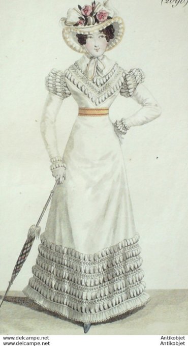 Gravure de mode Costume Parisien 1822 n°2090 Robe perkale et crevés de broderies