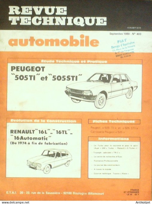 Revue Tech. Automobile 1980 n°403 Peugeot 505 Renault 16 Audi 200 Triumph