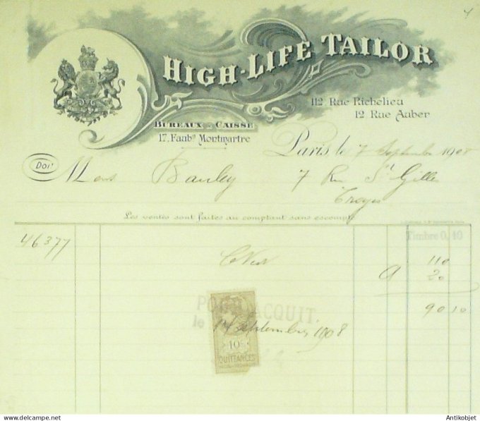 Facture High Life Tailor 1908 Montmartre