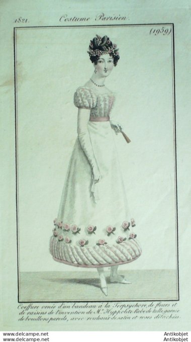 Gravure de mode Costume Parisien 1821 n°1959 Robe de tulle garnie de bouillons