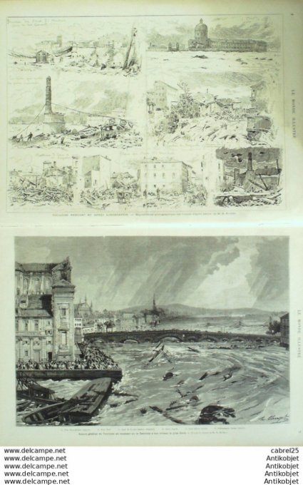 Le Monde illustré 1875 n°951 Toulouse (31) Tarbes (65) Pont sur l'Adour Inondations