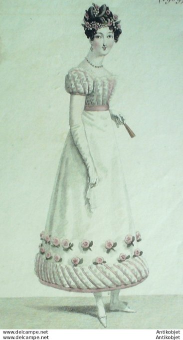 Gravure de mode Costume Parisien 1821 n°1959 Robe de tulle garnie de bouillons