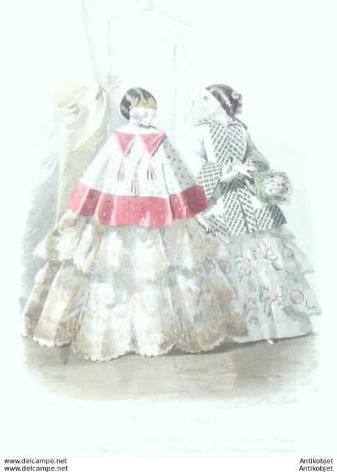 Gravure Les Modes Parisiennes 1854 # 727 Robes de bal Maison Collot