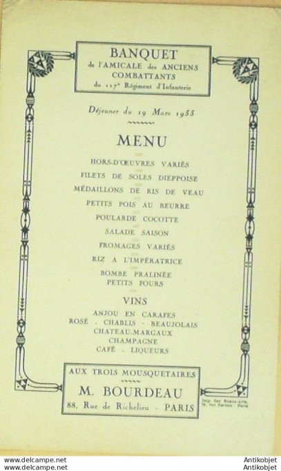 Menu banquet Anciens combattants Paris Aux trois mousquetaires 1933