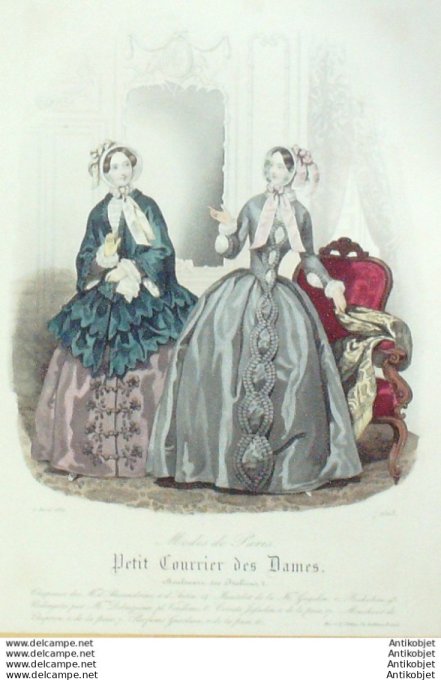Gravure Mode Courrier des Dames 1850 # 2503 (eau forte old Fashion plate)