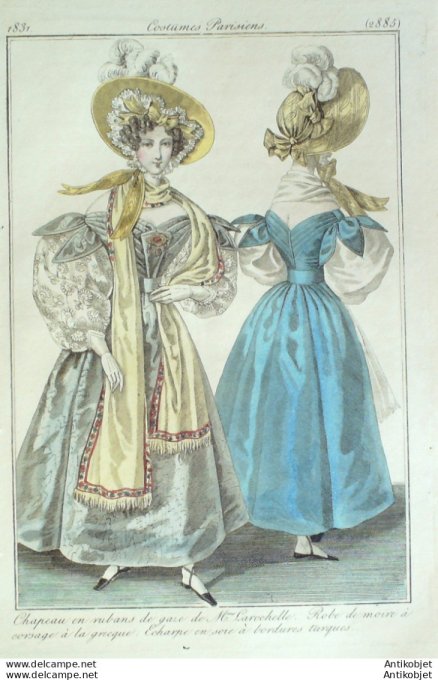 Gravure de mode Costume Parisien 1831 n°2885 Robe de moire corsage grecque