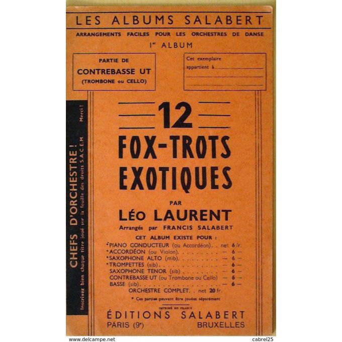 Jazz Orchestre 12 Succès Fox Trot Contrebasse Sib 1940