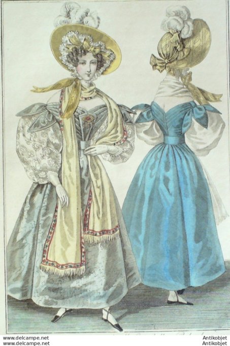 Gravure de mode Costume Parisien 1831 n°2885 Robe de moire corsage grecque