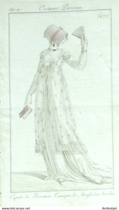 Costume Parisien 1802 an 10 # 419 (eau forte) Capote de Florence Tunique