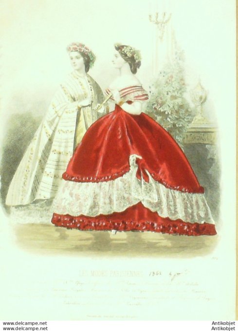 Gravure Les Modes Parisiennes 1861 # 984 Robes de cour Maison Ghys