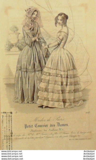 Gravure Mode Courrier des Dames 1844 # 2023 (eau forte old Fashion plate)