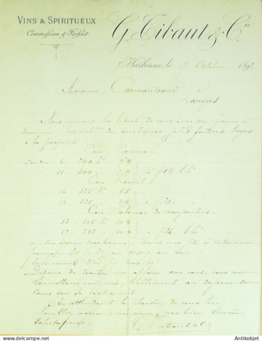 Facture G.Tibaut Cie (Vins Spiritueux) 1892 à Narbonne (66)