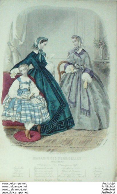 Gravure Mode Magasin Demoiselles 1861 #  2 (aquarellee Old Fashion plate)