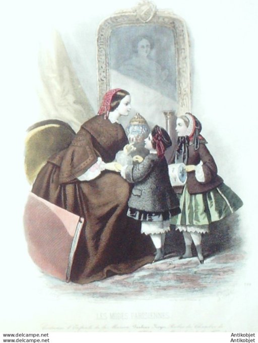 Gravure Les Modes Parisiennes 1854 # 729 Costumes enfants Maison Royer