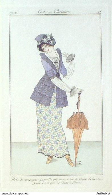 Gravure Mode Costume Parisien 1912 #   11 Monogramme (eau forte)