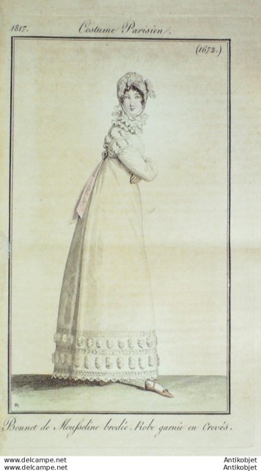 Gravure de mode Costume Parisien 1817 n°1671 Robe garnie de mousseline