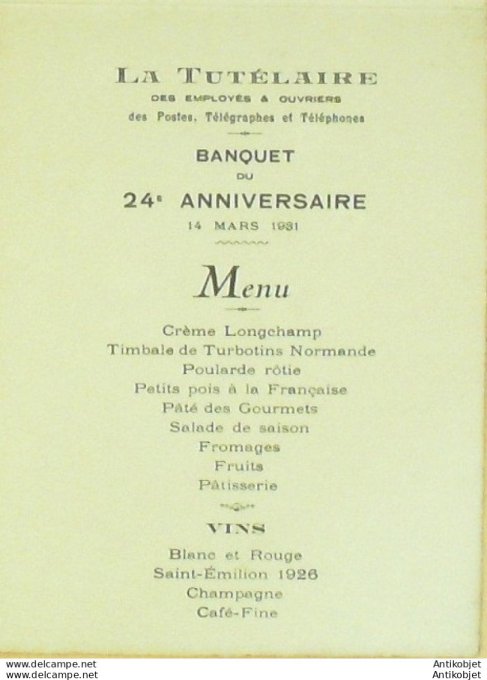 Menu banquet La Tutélaire PTT eau forte Nevers 1931