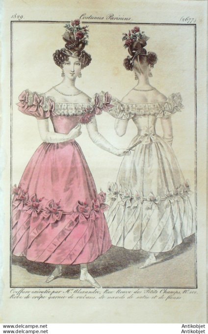 Gravure de mode Costume Parisien 1829 n°2677 Robe de crêpe noeuds satin