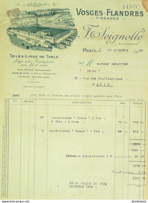 Facture T.Seignolle (tissage Vosges Flandres) 1929 à Paris