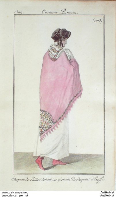 Gravure de mode Costume Parisien 1809 n°1013 Schall sur schall Brodequins