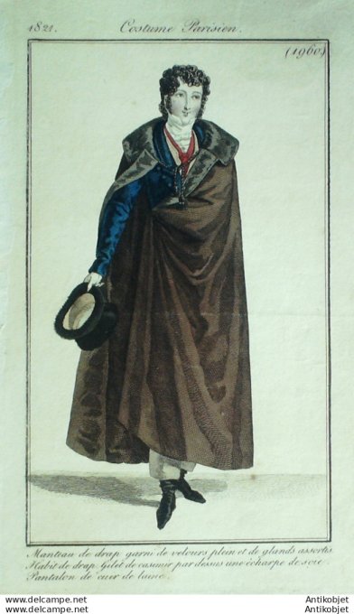 Gravure de mode Costume Parisien 1821 n°1960 Manteau de drap homme gilet