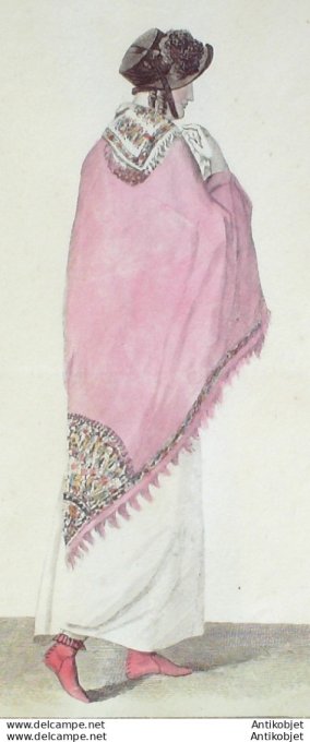 Gravure de mode Costume Parisien 1809 n°1013 Schall sur schall Brodequins
