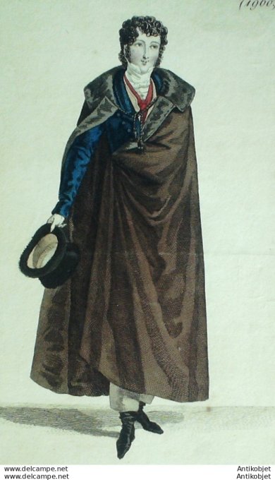 Gravure de mode Costume Parisien 1821 n°1960 Manteau de drap homme gilet