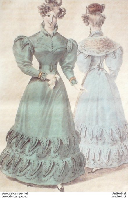 Gravure de mode Costume Parisien 1826 n°2462 Robe de mérinos à pélerine boutonnée