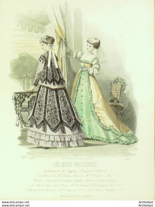 Gravure Les Modes Parisiennes 1865 #1272 Robes gros de Pologne Maison Cagelin