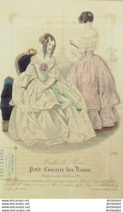 Gravure Mode Courrier des Dames 1844 # 2034 (eau forte old Fashion plate)