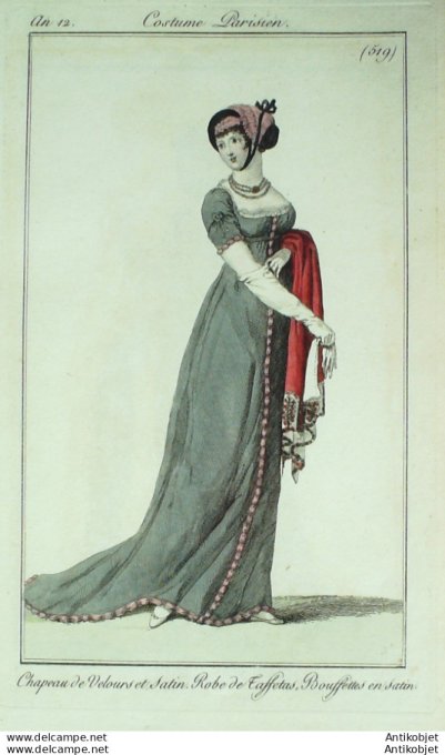 Gravure de mode Costume Parisien 1803 n° 519 (An 12) Robe de taffetas Bouffettes