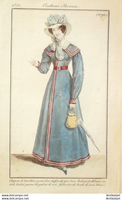 Gravure de mode Costume Parisien 1822 n°2091 Gibetière de lacets Redingote blouse