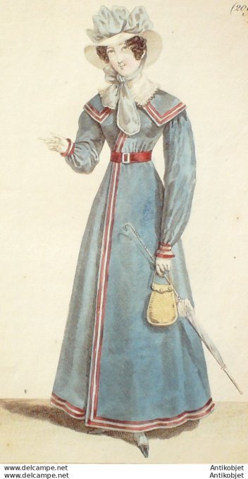 Gravure de mode Costume Parisien 1822 n°2091 Gibetière de lacets Redingote blouse
