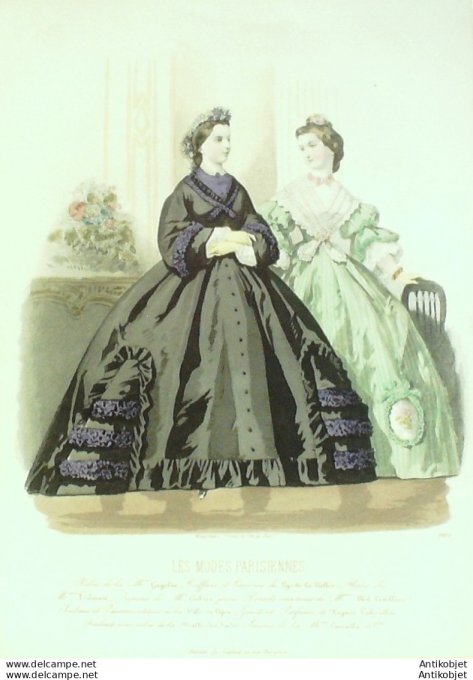 Gravure Les Modes Parisiennes 1862 #1001 Robes en Crêpe Maison Gagelin
