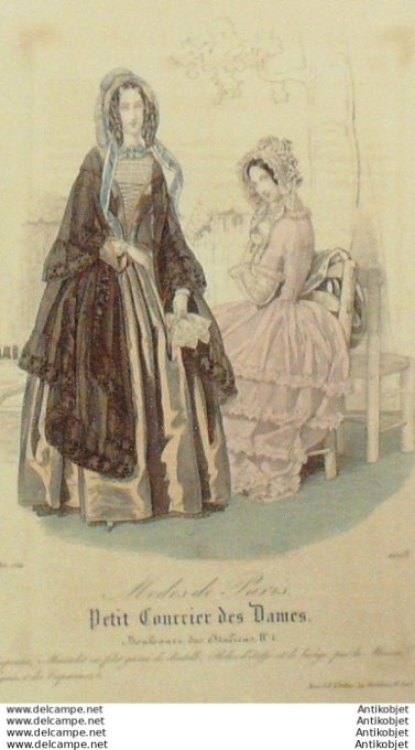 Gravure Mode Courrier des Dames 1844 # 2018 (eau forte old Fashion plate)