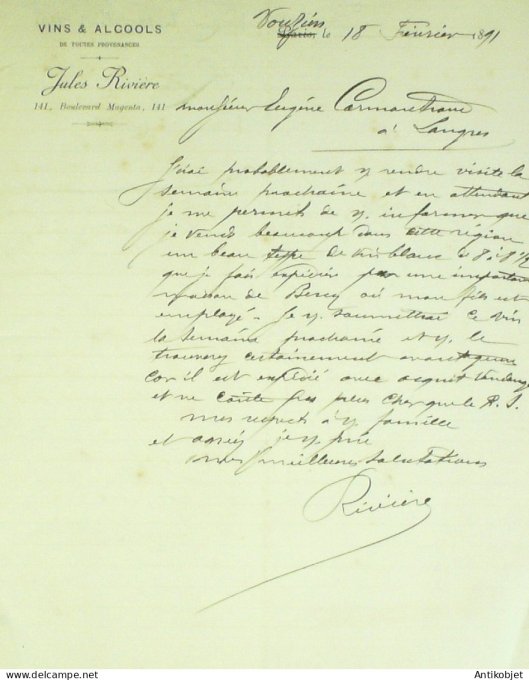 Lettre Ciale Jules Rivière (vins et alcools) 1891 à Vouziers (08)