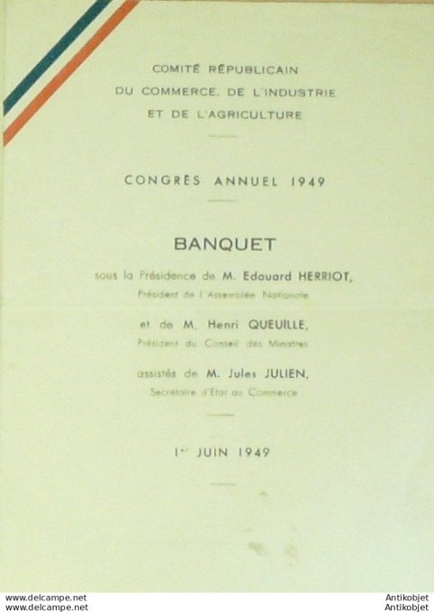 Menu banquet annuel Comité Républicain Edouard Herriot 1949