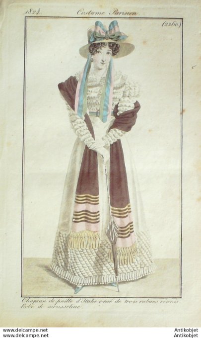 Gravure de mode Costume Parisien 1824 n°2260 Robe mousseline chapeau