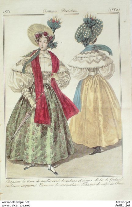 Gravure de mode Costume Parisien 1831 n°2888 Canezou mousseline Robe foulard