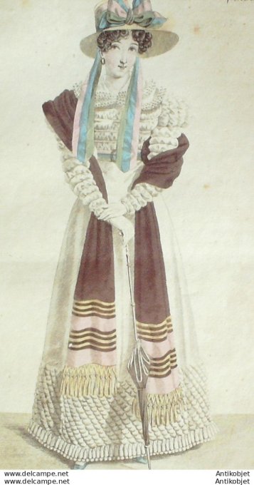 Costume Parisien 1824 # 2260 Robe mousseline chapeau