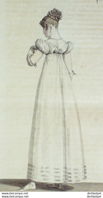 Gravure de mode Costume Parisien 1817 n°1672 Robe garnie en crevés