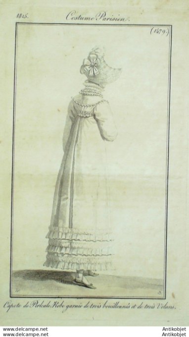 Gravure de mode Costume Parisien 1815 n°1479 Robe garnie de trois bouillonés