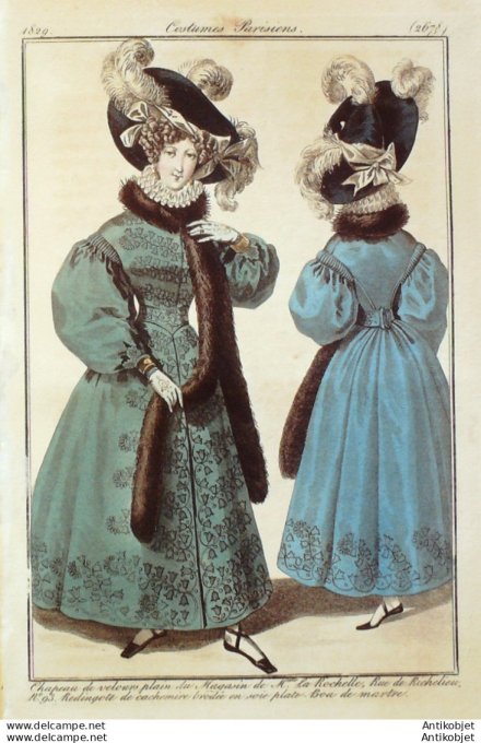 Gravure de mode Costume Parisien 1829 n°2678 Redingote cachemire brodée