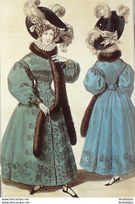 Gravure de mode Costume Parisien 1829 n°2678 Redingote cachemire brodée