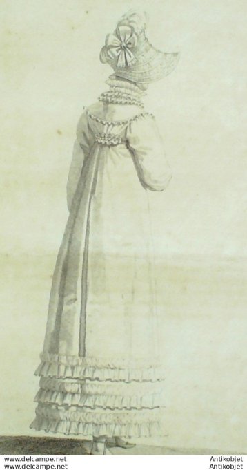 Gravure de mode Costume Parisien 1815 n°1479 Robe garnie de trois bouillonés