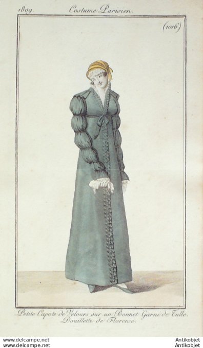 Gravure de mode Costume Parisien 1809 n°1016 Capote de velours
