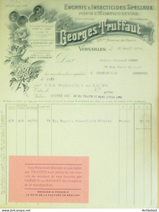 Facture Georges Truffaut (engrais Insecticides) 1912 Versailles (78)