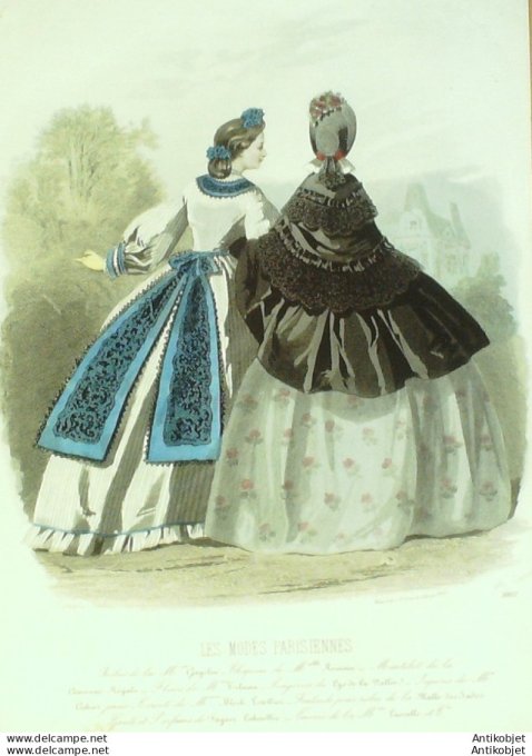 Gravure Les Modes Parisiennes 1862 #1002 Robes Gros de Naples Maison Gagelin