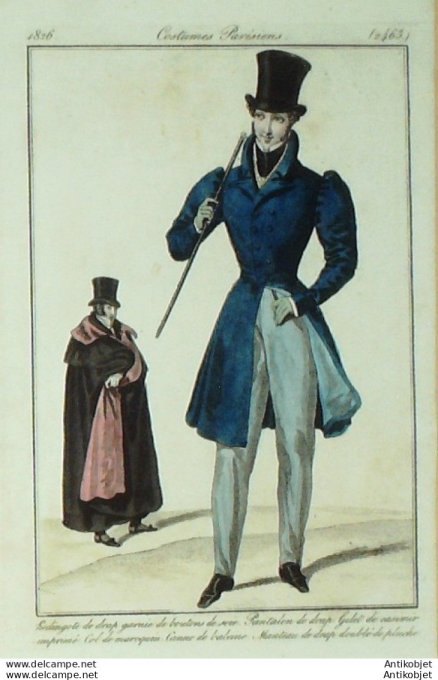 Gravure de mode Costume Parisien 1826 n°2463 Redingote de drap homme