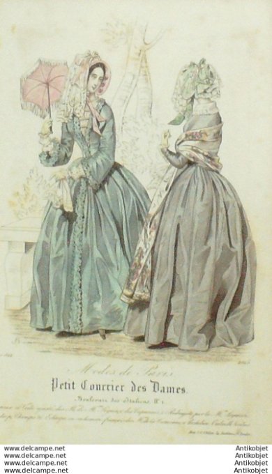 Gravure Mode Courrier des Dames 1844 # 2015 (eau forte old Fashion plate)